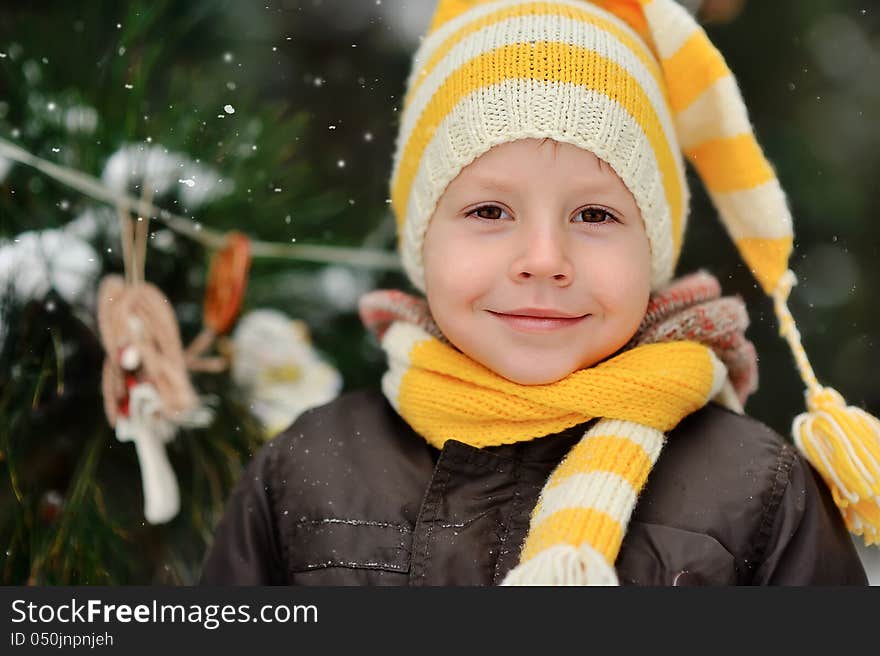 Portrait of a boy in a cap on a background of winter trees. Portrait of a boy in a cap on a background of winter trees