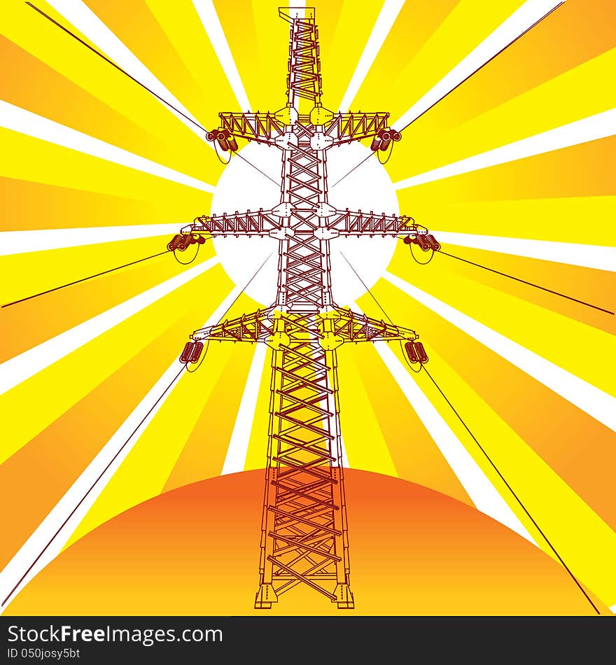 Transmission line with sun rays on background, vector illustration