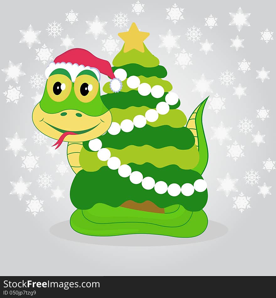 Illustration of green snake with Christmas tree. Illustration of green snake with Christmas tree