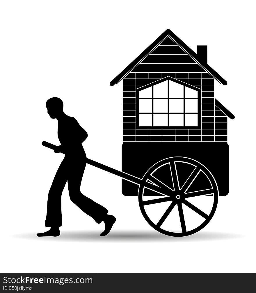 Man pulls a cart with a house. Man pulls a cart with a house