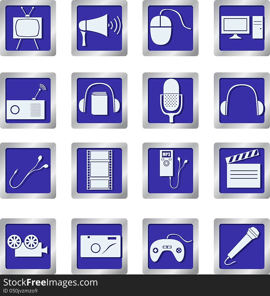 Vector set of media icons on square buttons