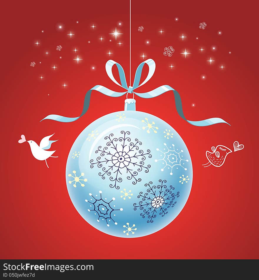 Bright decorative Christmas ball on a red background with snowflakes and birds. Bright decorative Christmas ball on a red background with snowflakes and birds