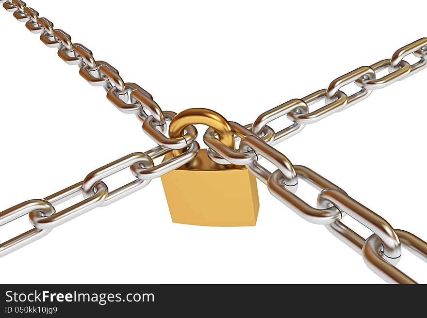 Crossed chains with lock, conceptual illustration, 3d render