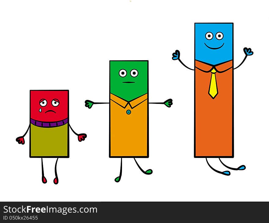 An illustration of a bar graph, each one has arms, legs, and smiling faces. An illustration of a bar graph, each one has arms, legs, and smiling faces