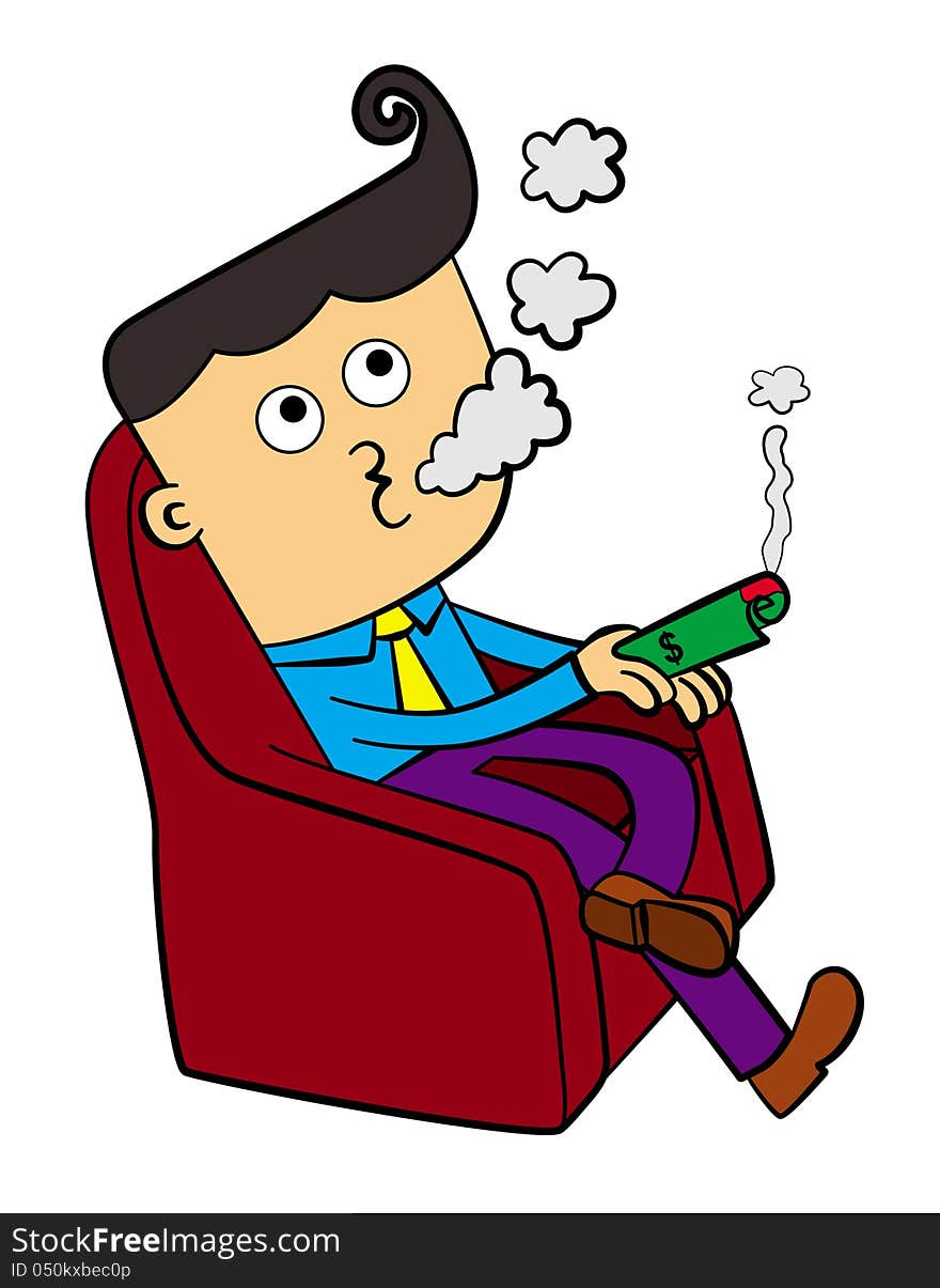 A cartoon illustration of a business man sitting on a comfortable couch while smoking using a dollar bill. A cartoon illustration of a business man sitting on a comfortable couch while smoking using a dollar bill