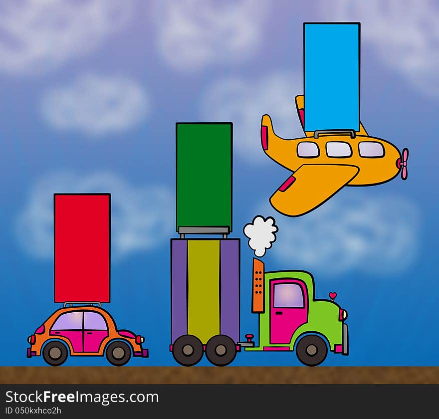 Illustration of a bar graph, with each bar carried by a car, a truck, and a plane. Illustration of a bar graph, with each bar carried by a car, a truck, and a plane