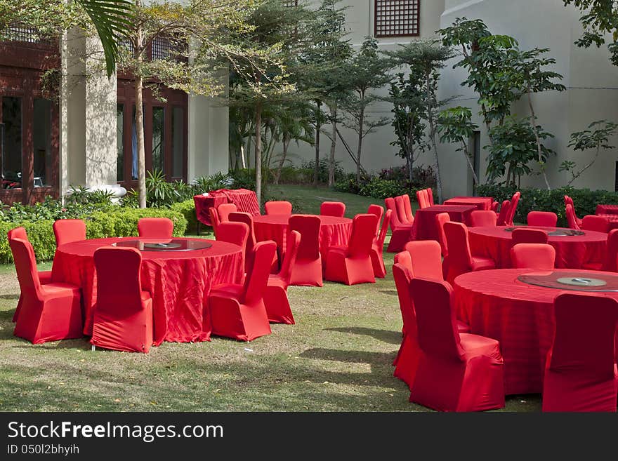 Red round dinner tables outdoor. Red round dinner tables outdoor