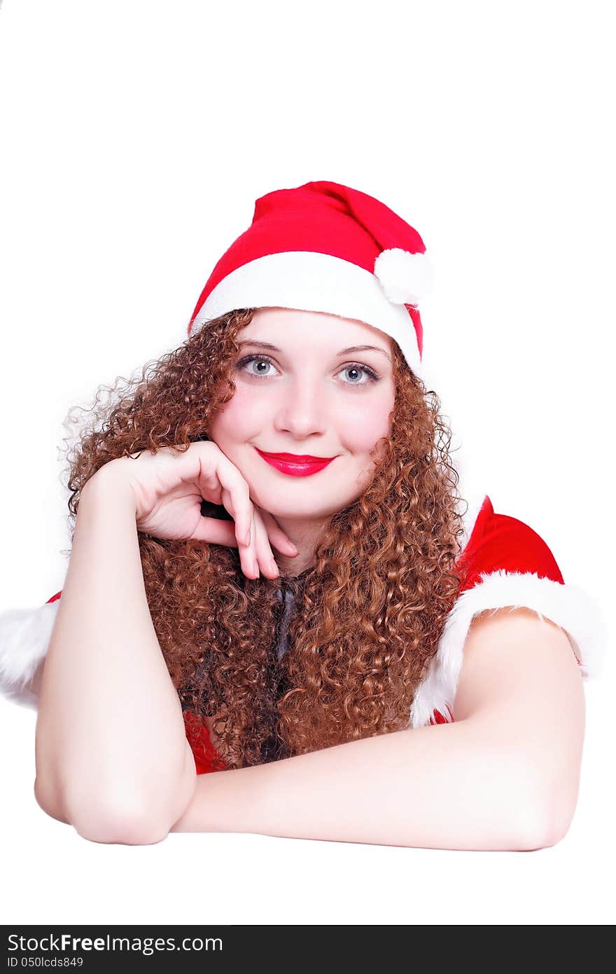 Portrait of pretty curly girl dressed as Santa