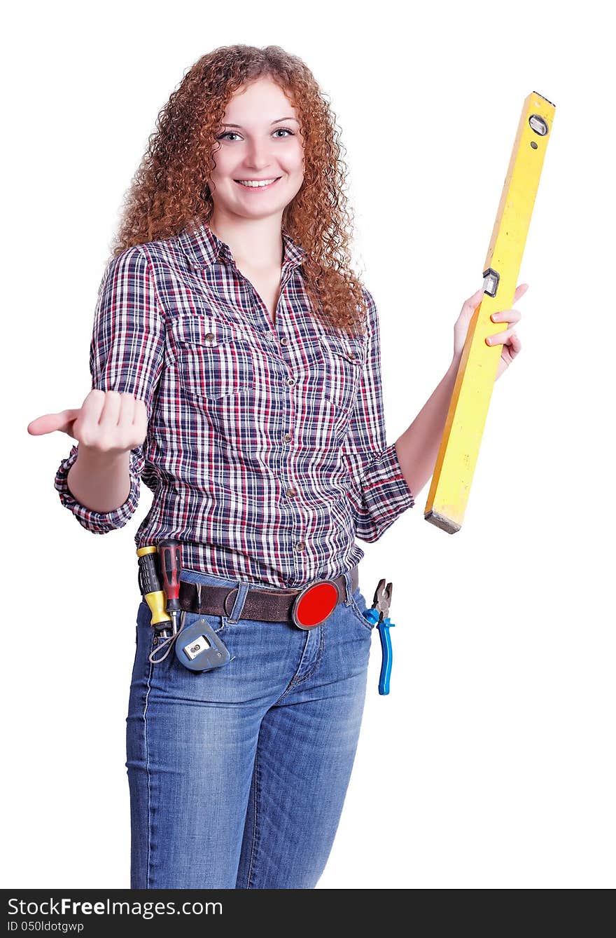Portrait of curly girl the builder isolated background