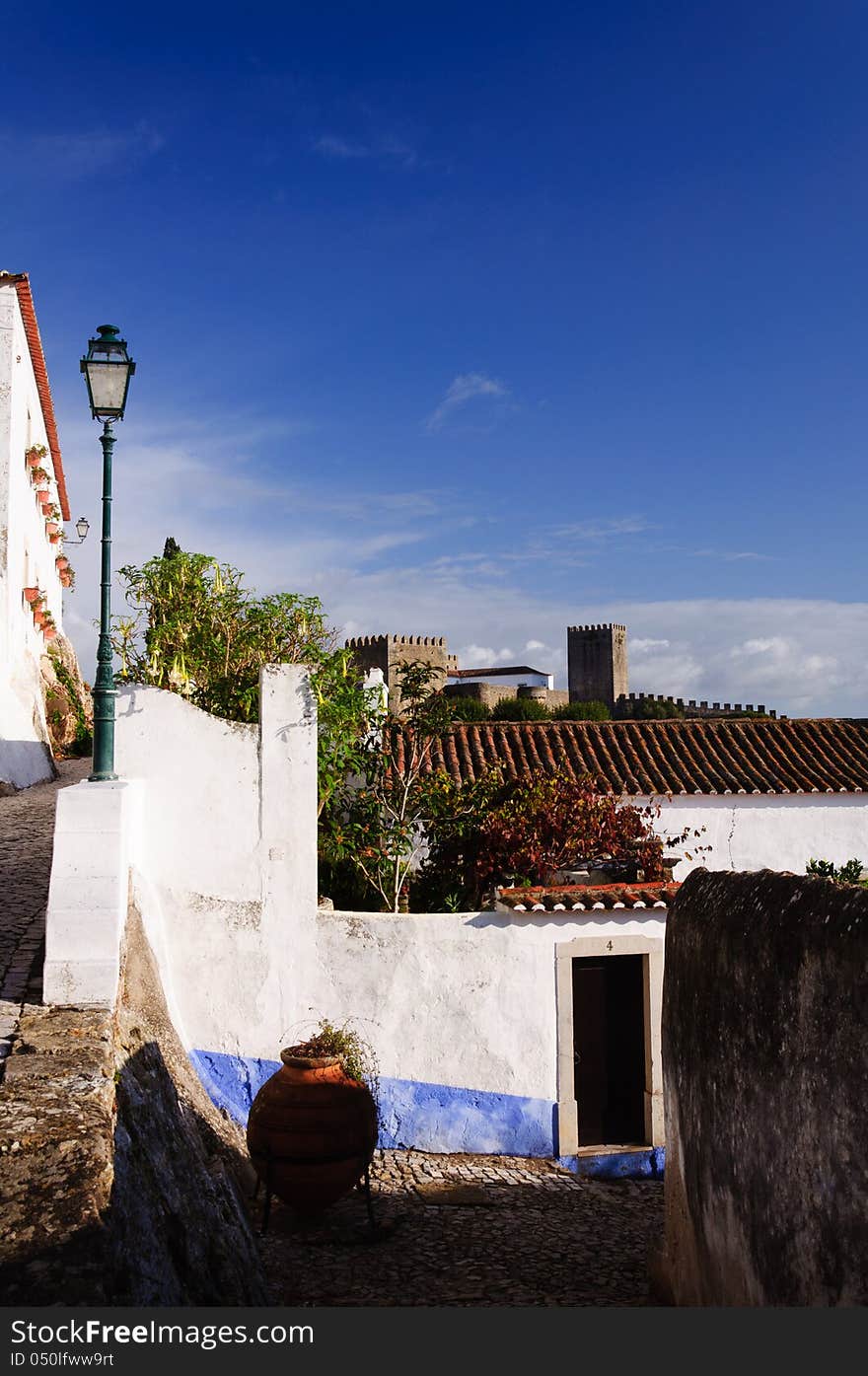 Old beautiful houses in medieval city of Obidos, Portugal with castle walls in background