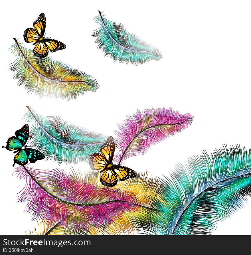 Colorful  Background With Ferns And Butterflies