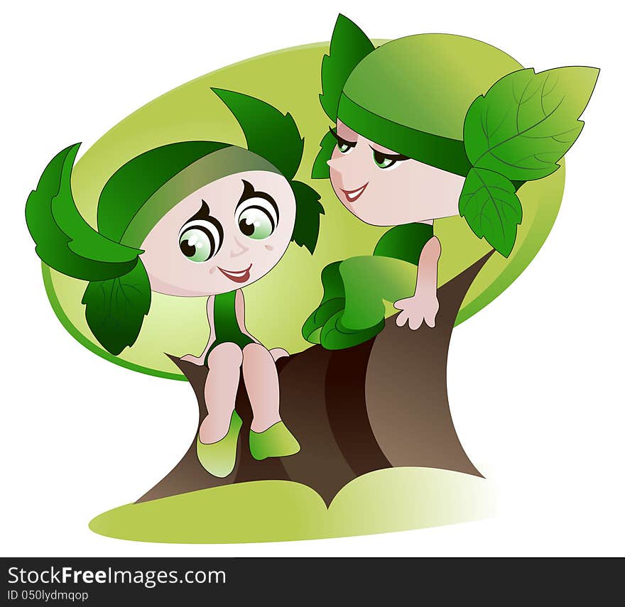 Two cheerful gnomes sitting on a branch of the big old green tree