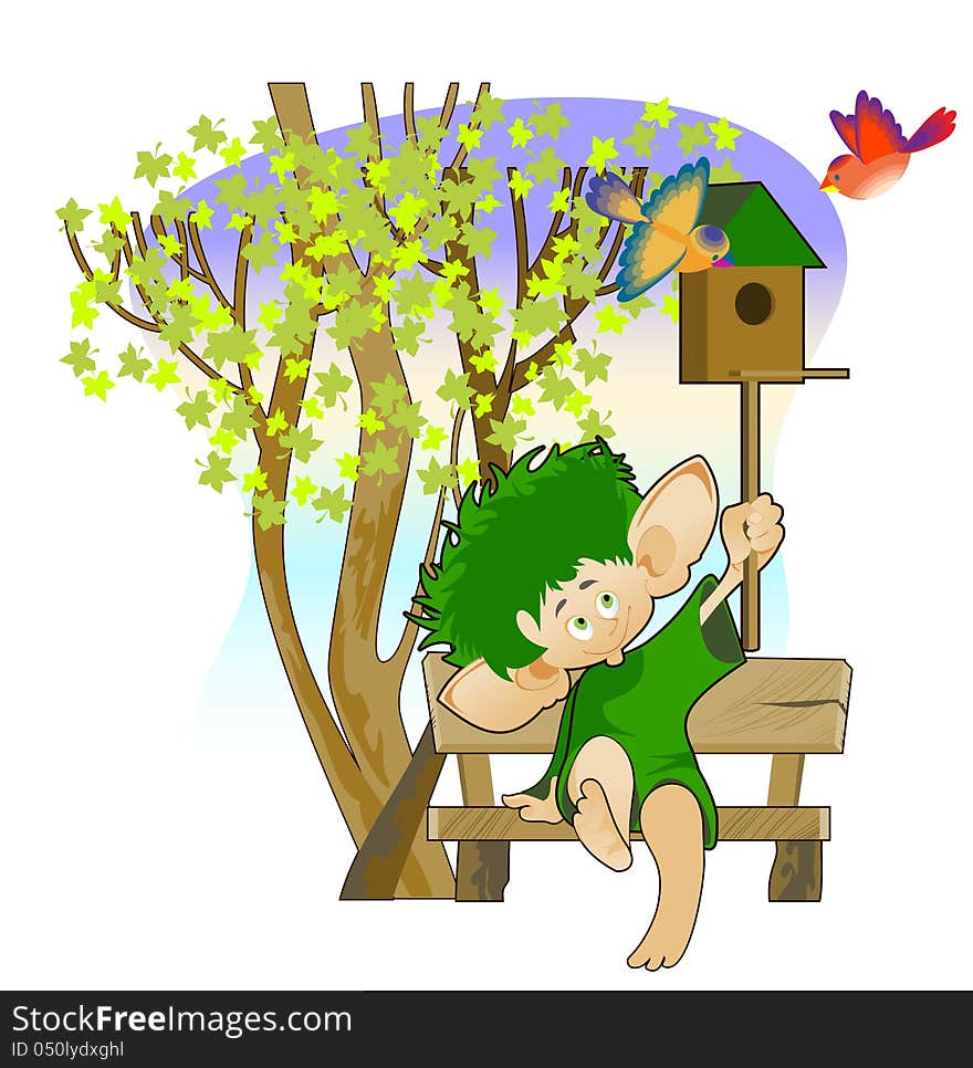 Little leprechaun with a birdhouse