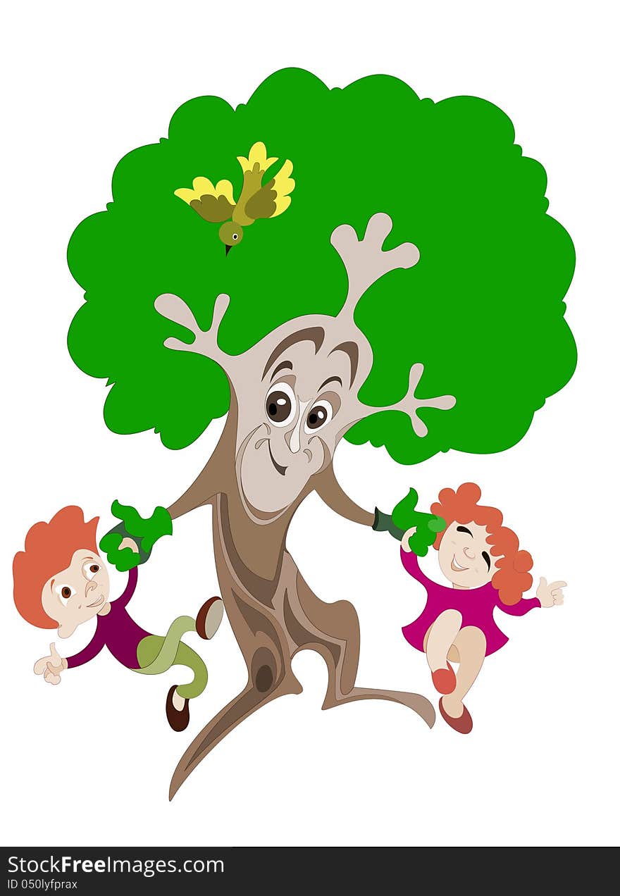 Animated image of a tree, which plays with two young children. Animated image of a tree, which plays with two young children