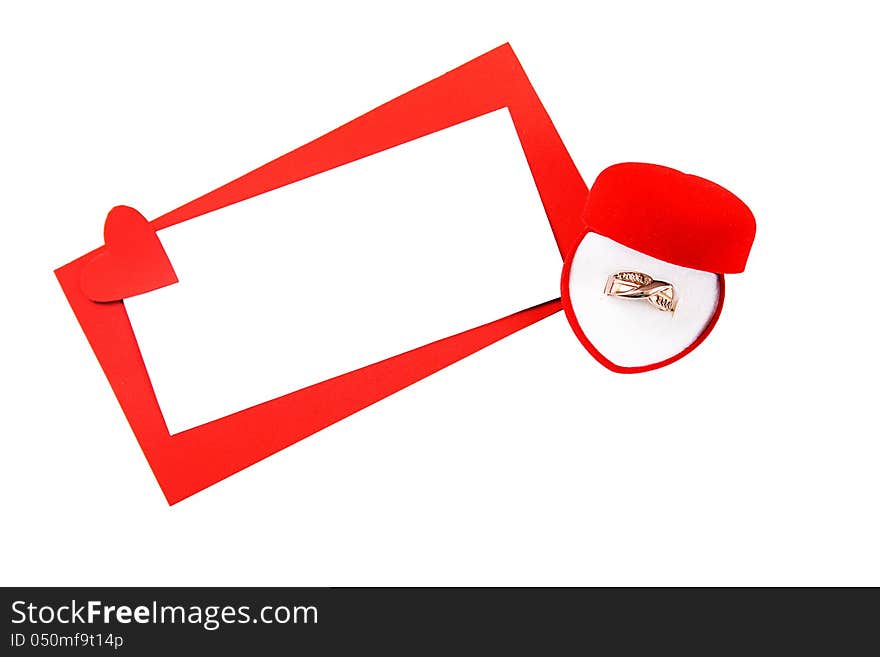 Blank valentine card with copyspace to write your own text and a gold ring in a box. Blank valentine card with copyspace to write your own text and a gold ring in a box