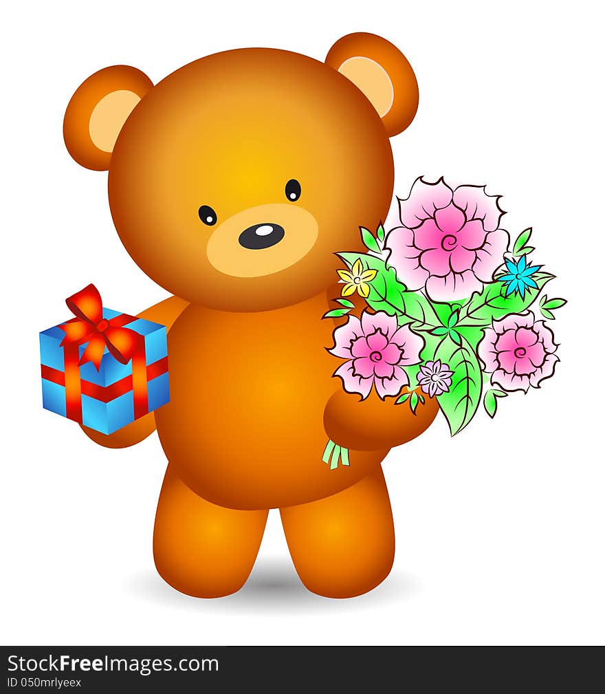 Greeting card with flowers and teddy bear gifts. Greeting card with flowers and teddy bear gifts