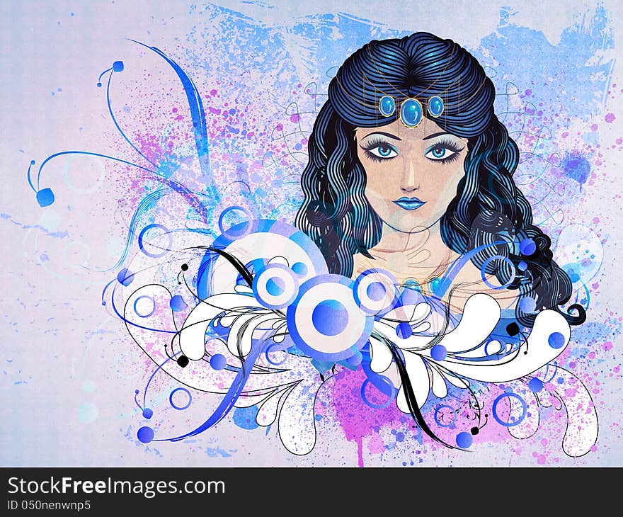 Illustration of a girl with blue hair on floral background. Illustration of a girl with blue hair on floral background.