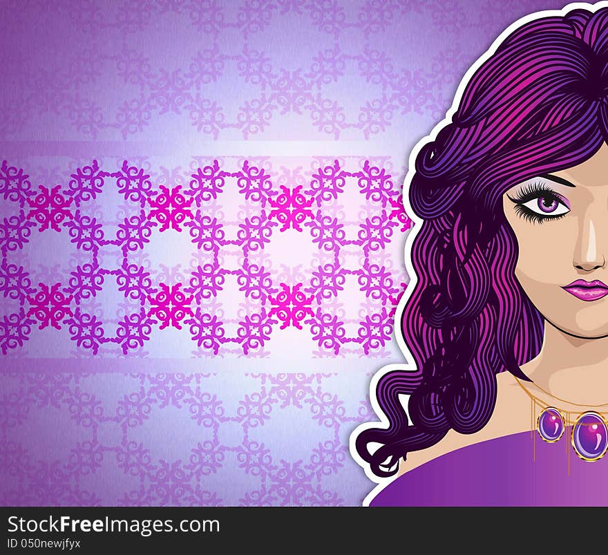 Illustration of a girl with purple hair on colorful background. Illustration of a girl with purple hair on colorful background.