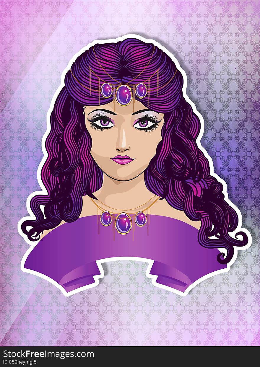 Illustration of a girl with purple hair and ribbon on colorful background. Illustration of a girl with purple hair and ribbon on colorful background.