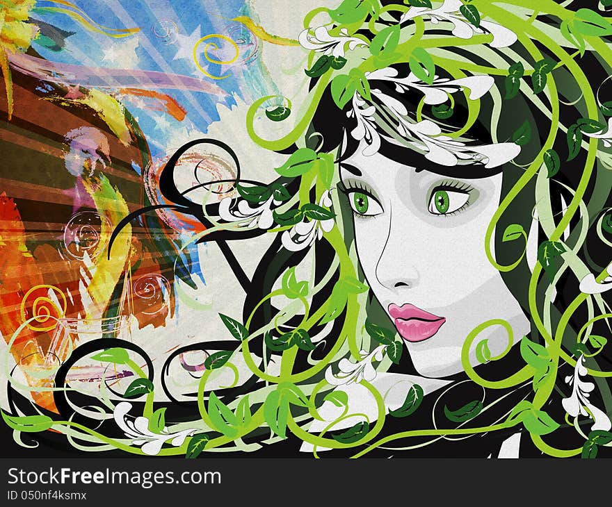 Illustration of green floral girl on grunge background. Illustration of green floral girl on grunge background.