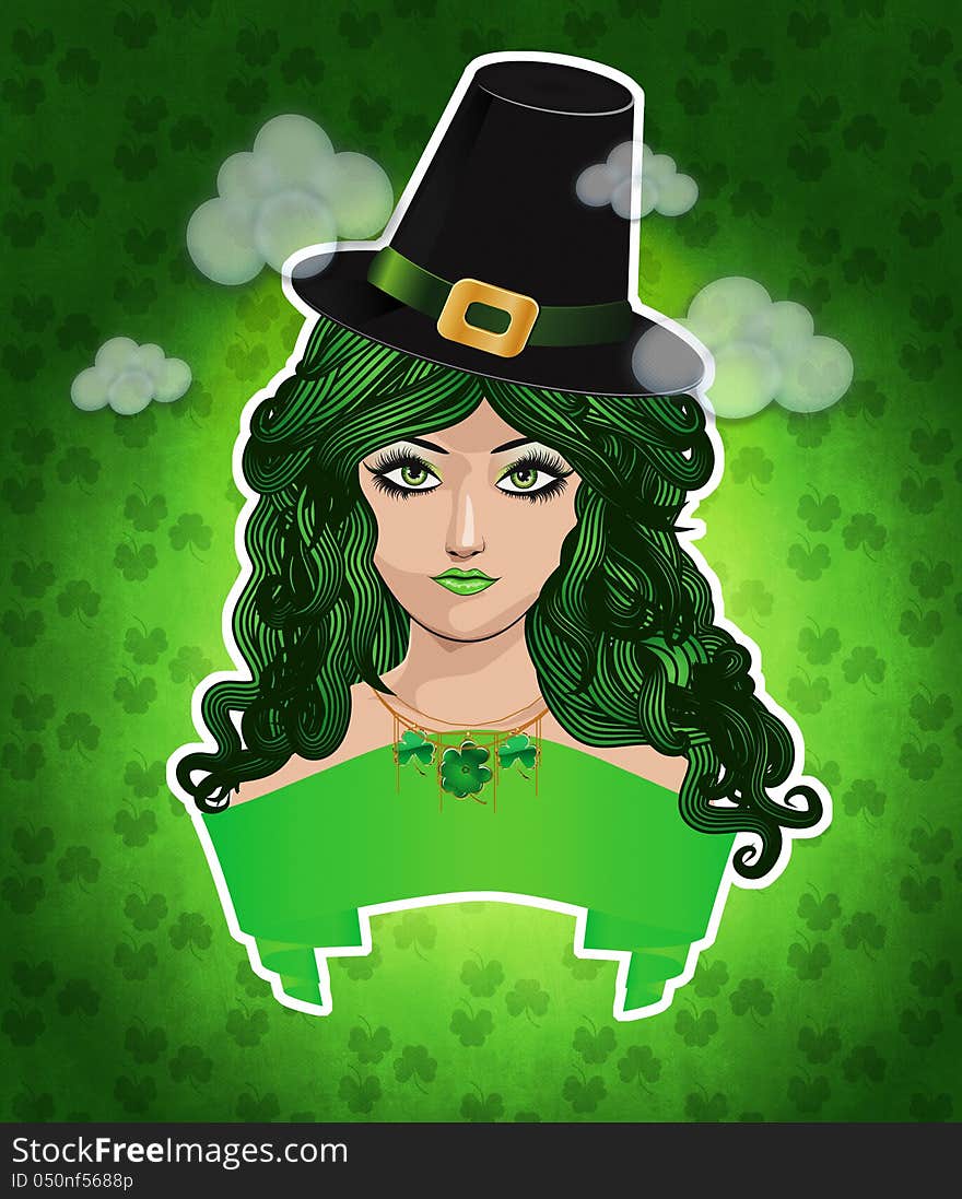 Illustration of girl with green hair and hat, leprechaun girl. Illustration of girl with green hair and hat, leprechaun girl.