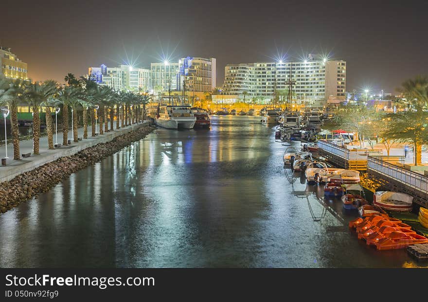 Night view on hotels and marina, Eilat