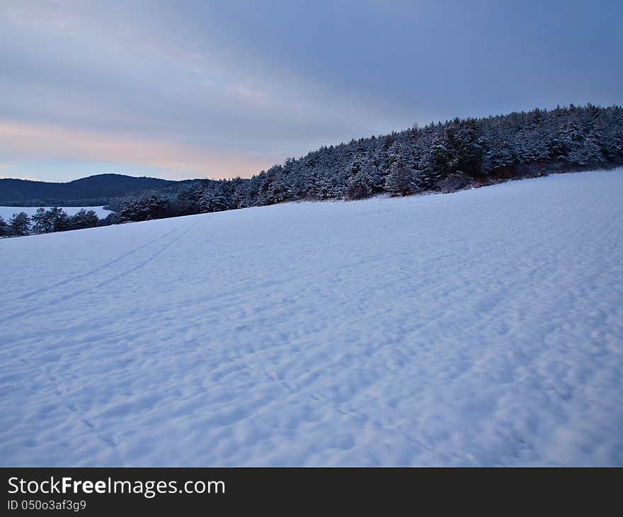 Freezing winter landscape, shot taken on sunset.