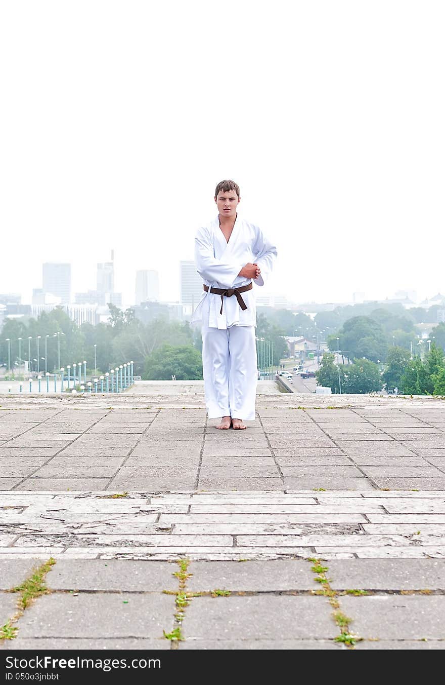 Young karate master doing exercise