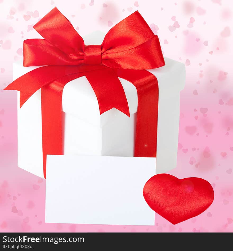 White gift card and box, bow, ribbon beautyful background