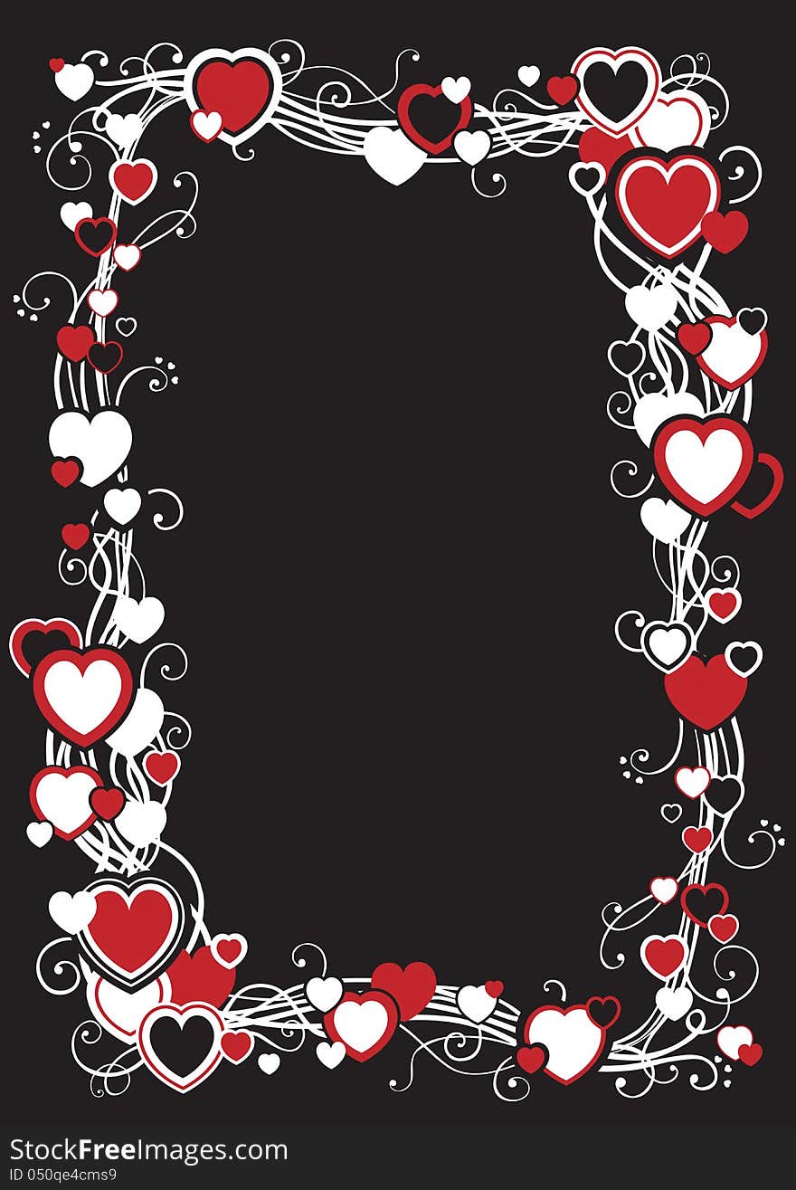 Vector decorative frame with hearts on black background