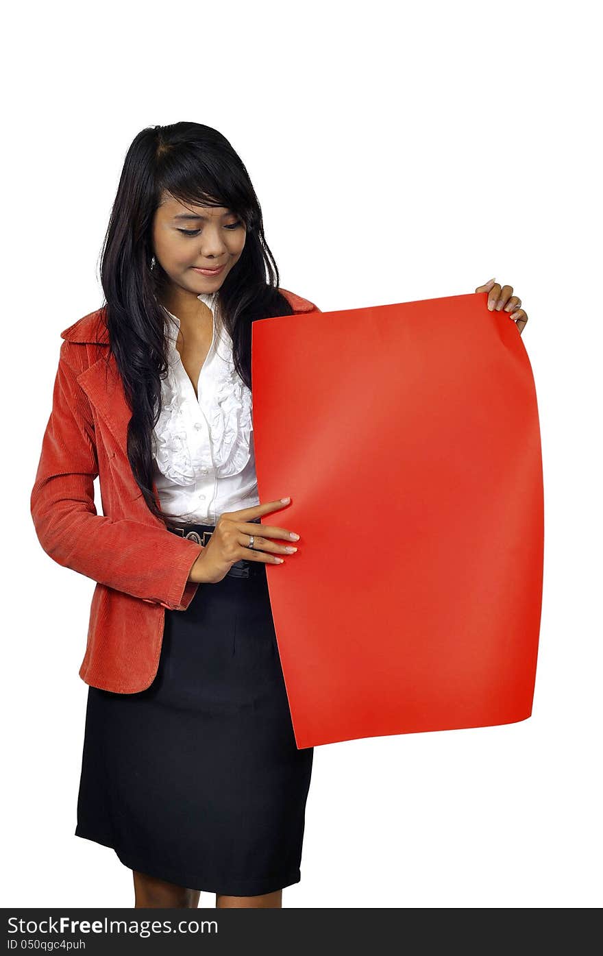 Asian business woman holding red banner isolated over white background. You can put your message on the banner. Asian business woman holding red banner isolated over white background. You can put your message on the banner