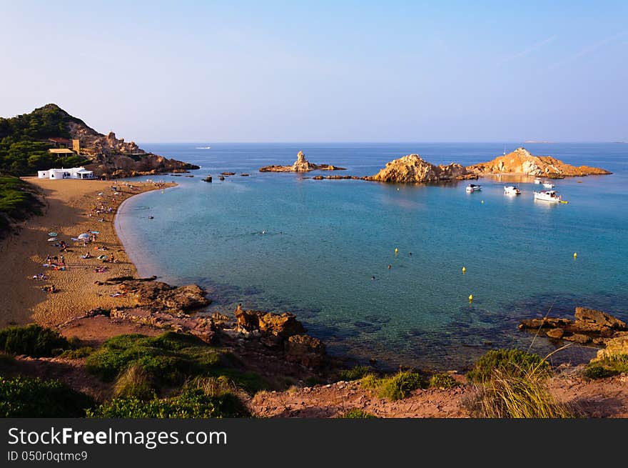 View of Cala Pregonda  beach in Menorca, Balearic Islands, Spain. View of Cala Pregonda  beach in Menorca, Balearic Islands, Spain