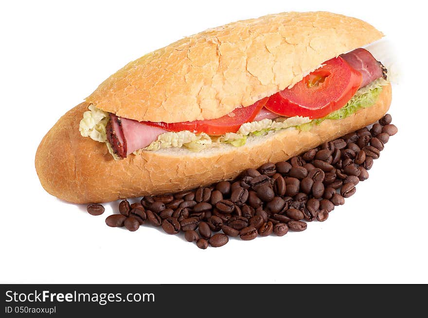 Sandwich With Bacon And Vegetables And Coffee Beans On White Background