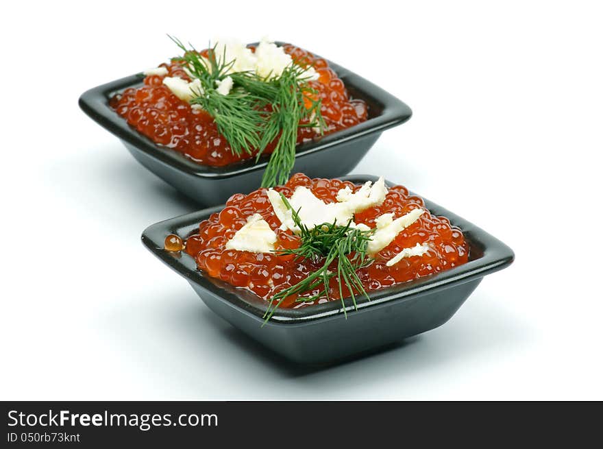 Perfect Red Caviar with Butter and Dill in Two Black Square Bowls  on white background