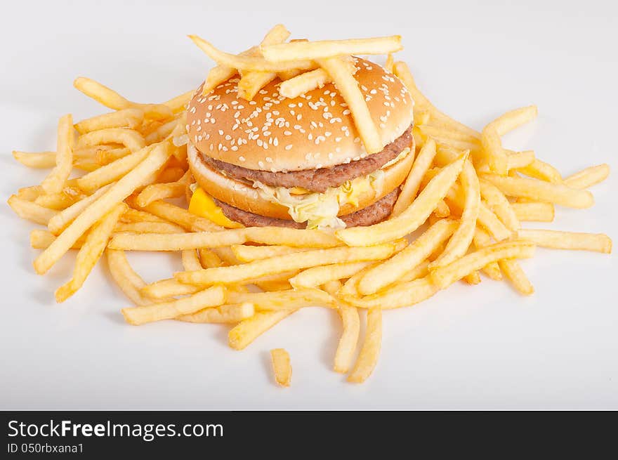 Hamburger and french fries.