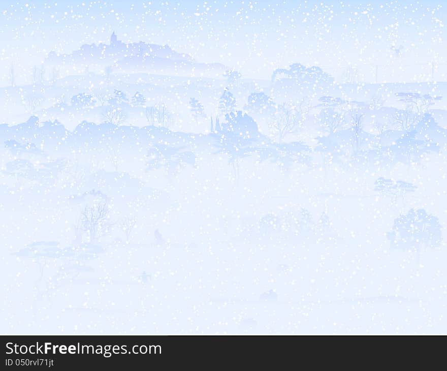 Illustration Of Snowfall In Field With Trees.