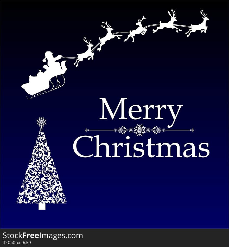 Vector image of christmas card with santa flying and a christmas tree on a parliament background