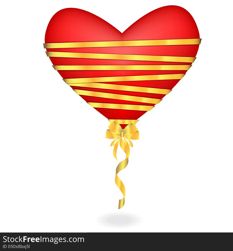 illustration of red heart turned by a gold ribbon with a bow. illustration of red heart turned by a gold ribbon with a bow