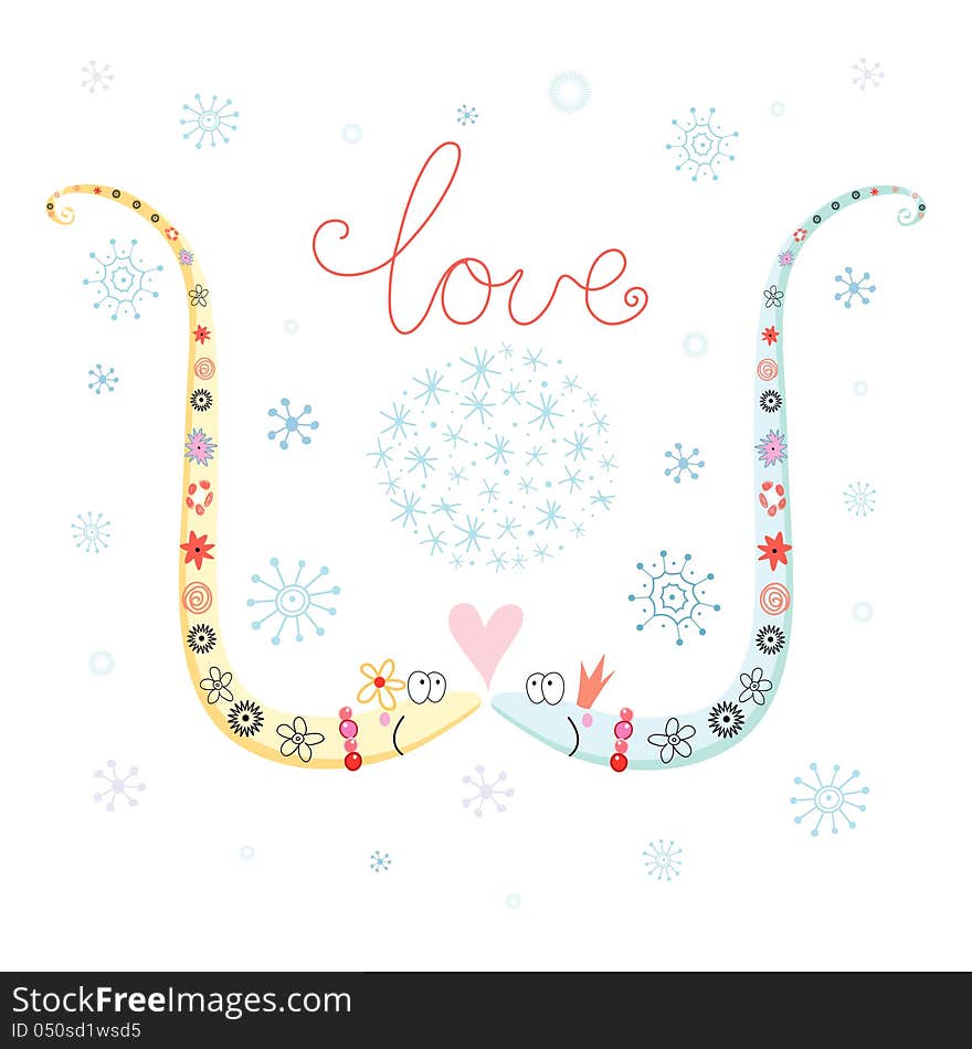 Fun loving snake on a white background with snowflakes. Fun loving snake on a white background with snowflakes