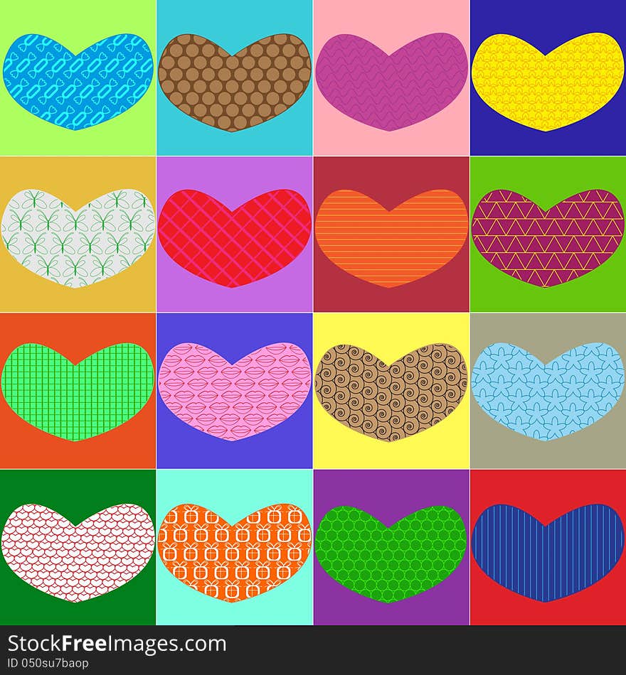 Colorful hearts with different textures