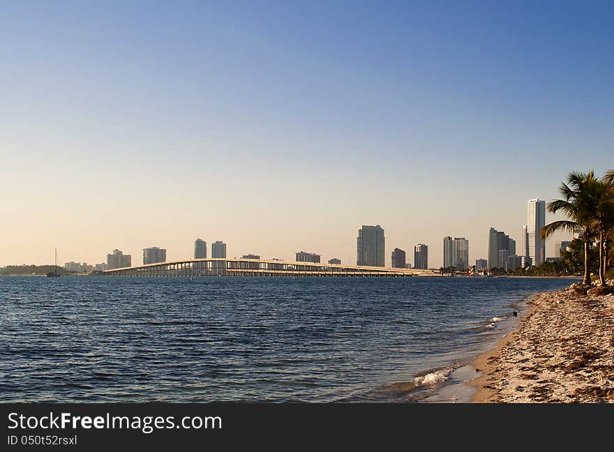 Miami skyline on the sunset with the bridge view