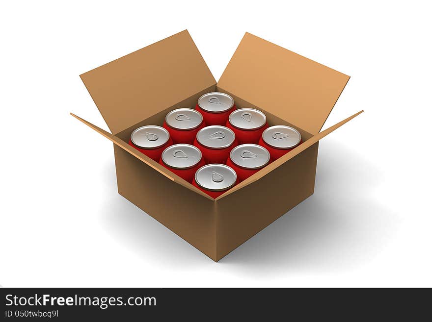 3D model of red cans in a brown box. 3D model of red cans in a brown box