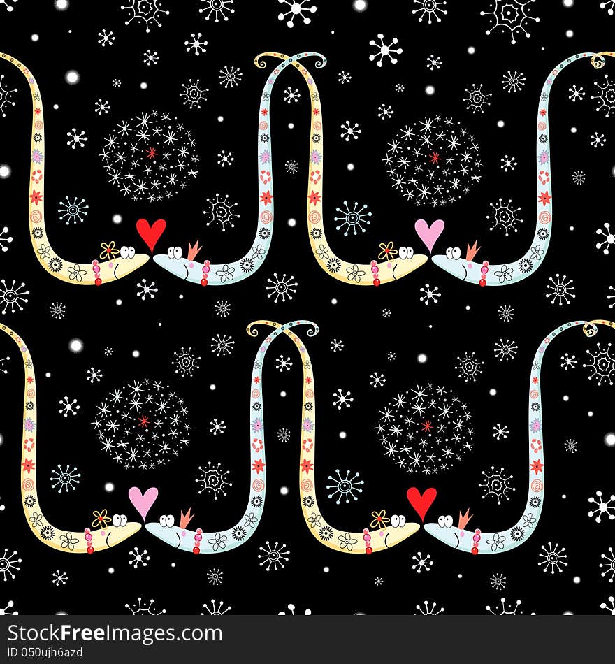 Seamless graphic pattern of snake lovers on a black background with snowflakes. Seamless graphic pattern of snake lovers on a black background with snowflakes