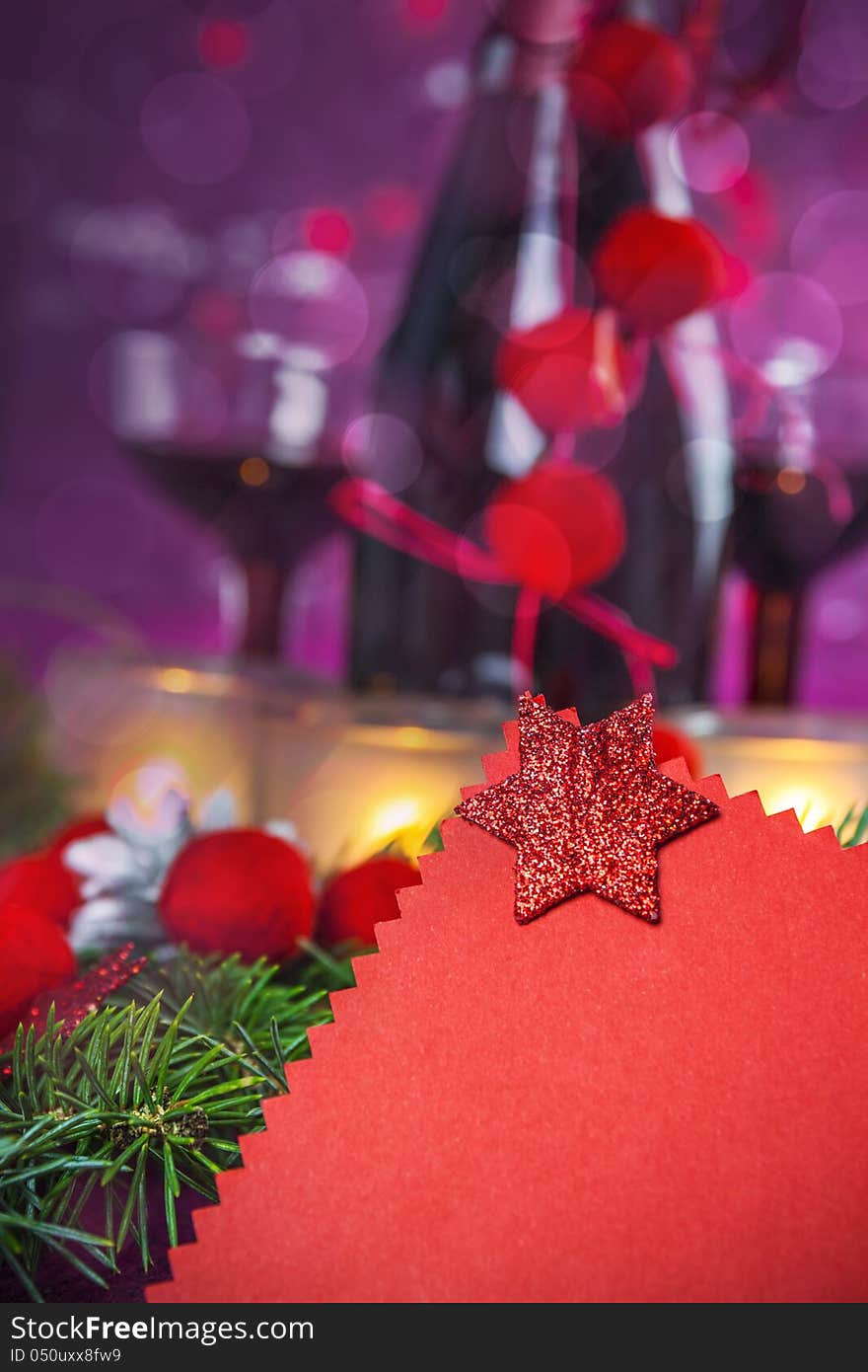 Christmas and New Year card (glasses, balls, bokeh)