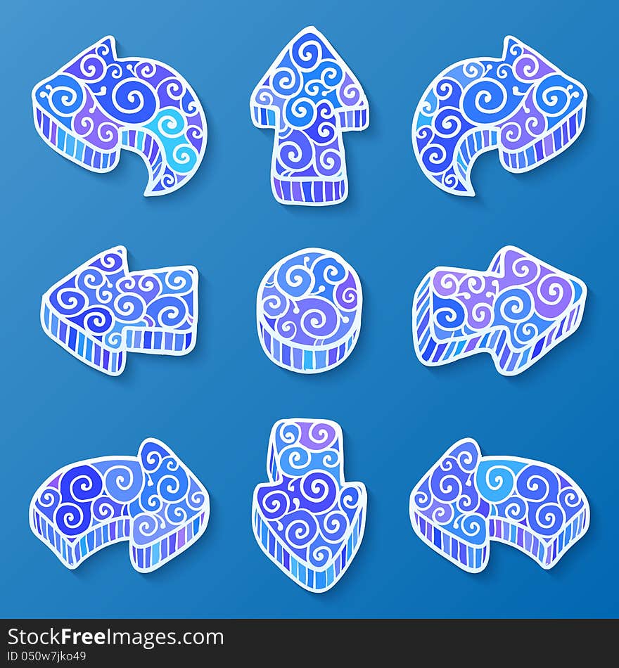 Set of blue isolated vector doodle ornate arrows with shadow. Set of blue isolated vector doodle ornate arrows with shadow