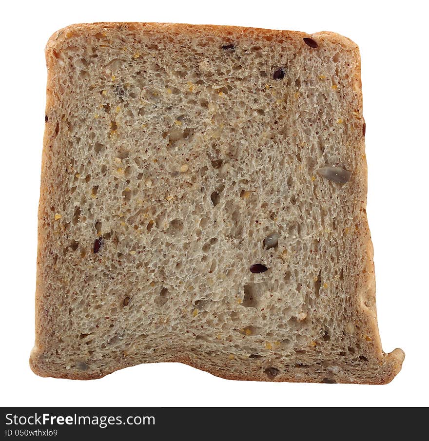 Healthy, nutritious multi-grain single bread slice with flaxseeds and pumpkin seeds isolated on white background