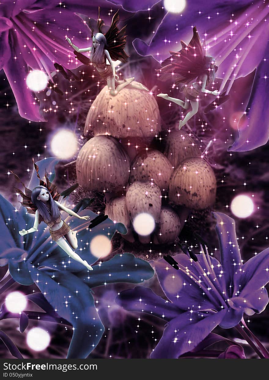 Illustration of colorful fantasy mushrooms at night with flowers and fairies. Illustration of colorful fantasy mushrooms at night with flowers and fairies.