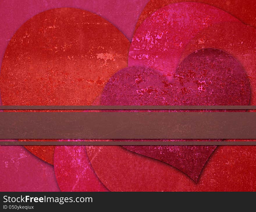 Illustration of grunge metal hearts with ribbon background.