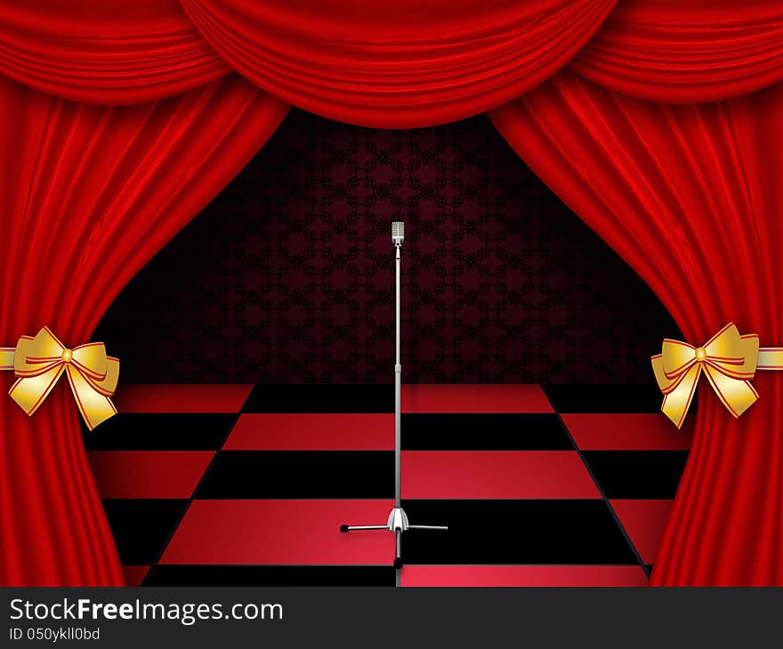 Illustration of red checkered floor with curtain background and retro microphone. Illustration of red checkered floor with curtain background and retro microphone.