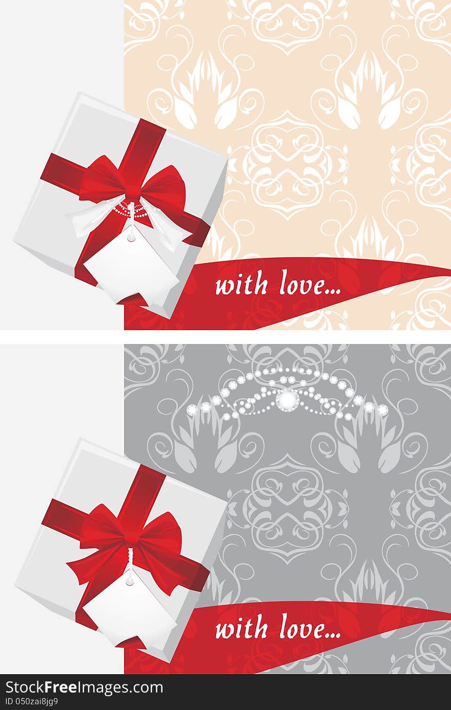 Gift boxes with tag and bow on the decorative backgrounds. Illustration. Gift boxes with tag and bow on the decorative backgrounds. Illustration